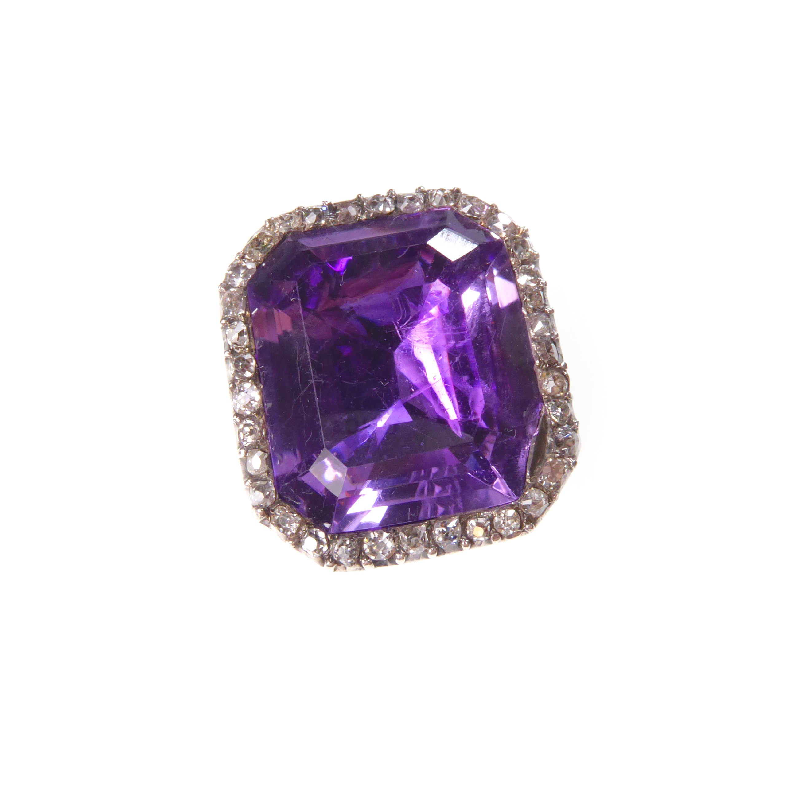 Antique large amethyst and diamond dress ring, c.1800, trap-cut rectangular amethyst,